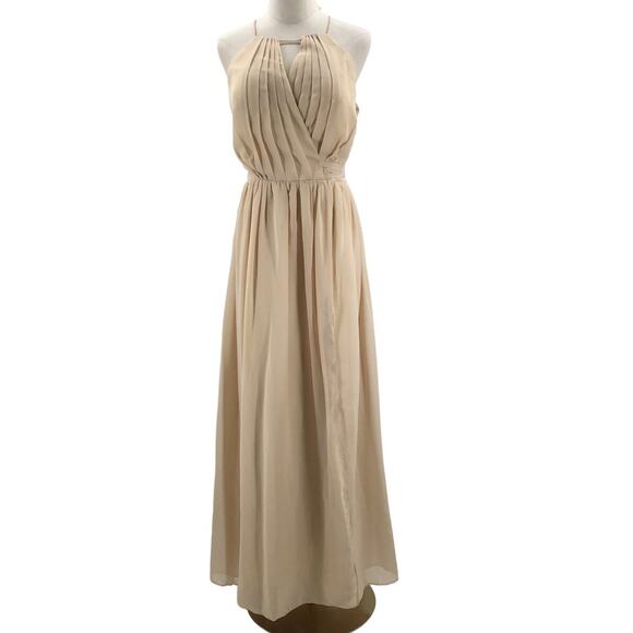 BRIDESMAID DRESS SZ 8 M tan pleated halter belted formal maxi dress new B58 - Picture 2 of 9